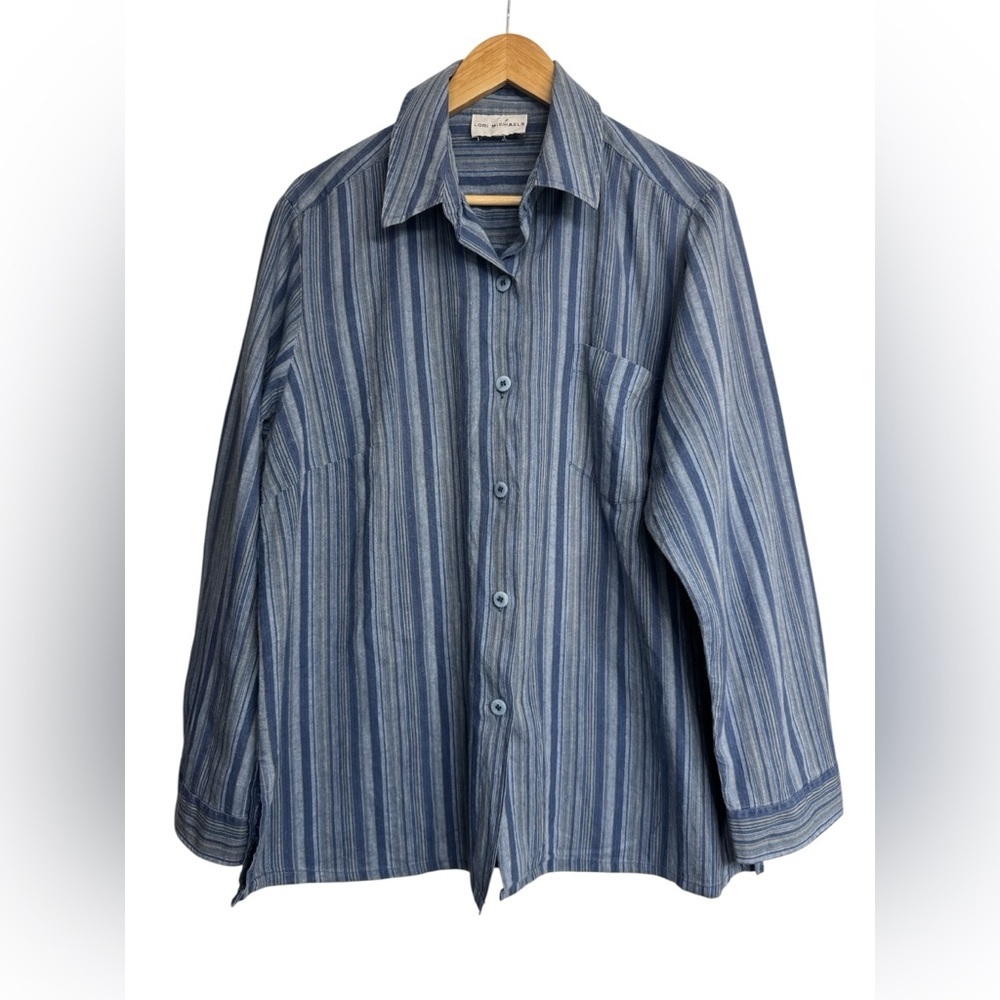 Lori Michaels Blue Striped Linen Cotton Button Front Shirt Large